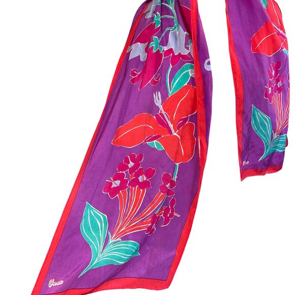 Vintage Vera Neumann Floral Scarf Long Retro Spring Easter Purple Red Green - Picture 4 of 5